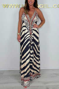 Zebra Print V-neck Open Back Loose Maxi Dress