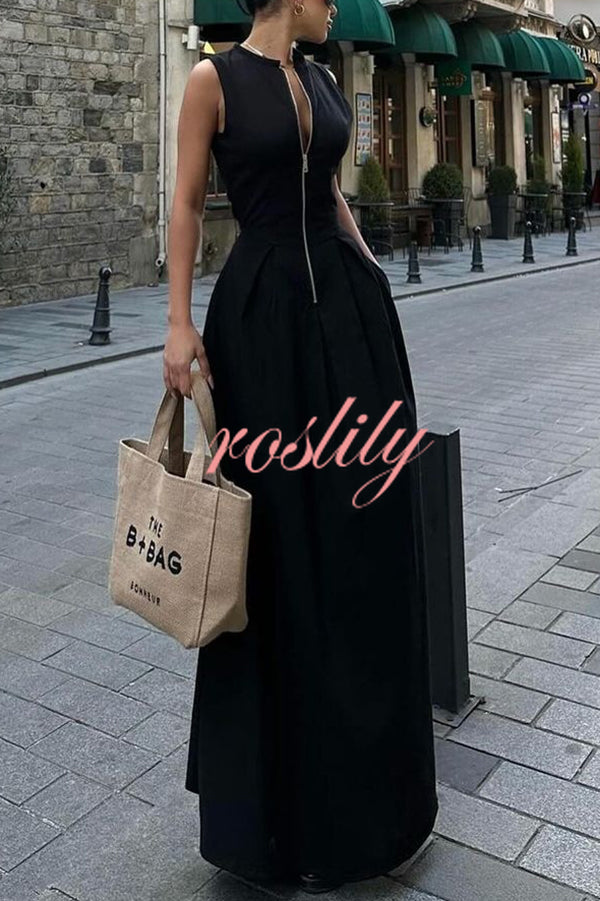 Stylish Sleeveless Zippered V-neck Slim Fit Maxi Dress