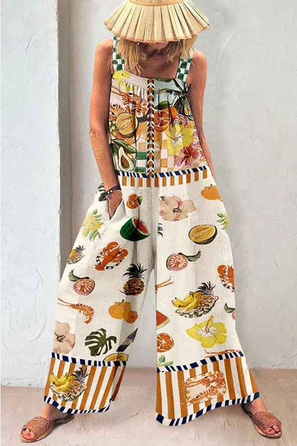 Good Timing Linen Blend Tropical Fruit Print Pocketed Wide Leg Jumpsuit