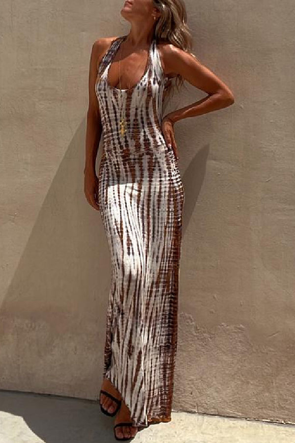 Summer Adventures Tie-dye Print Back Lace-up Stretch Maxi Dress