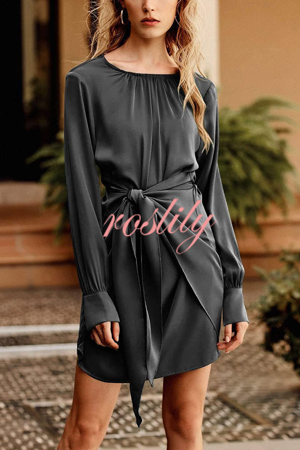 Satin Round Neck Long Sleeve Elastic Tie Mini Dress