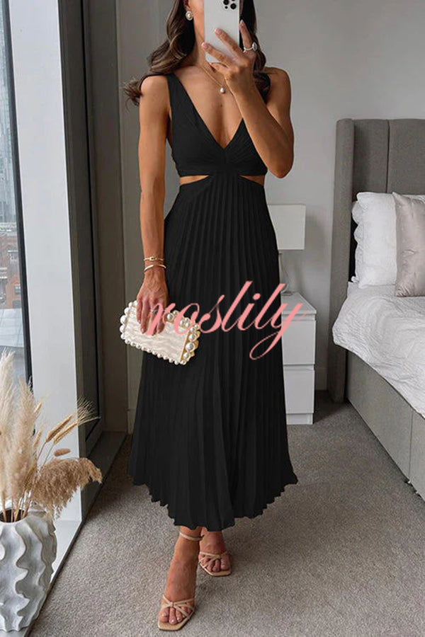 Summer Social Stain Pleated Cutout Waist Loose Midi Dress