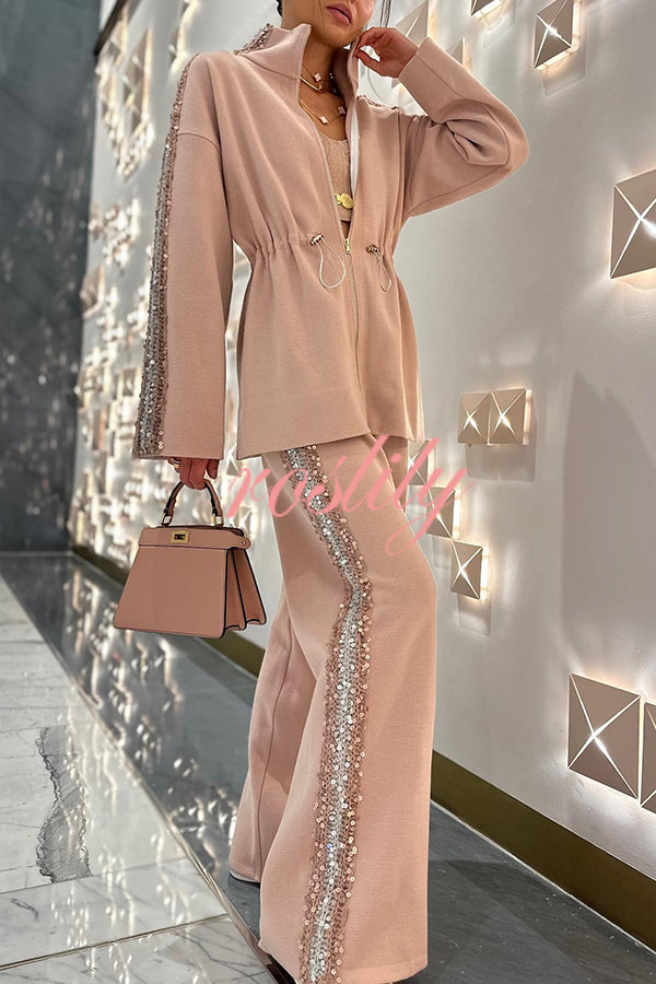 Edan Textured Knit Sequin Patchwork Drawstring Zipper Sweatshirt and Stretch Wide Leg Pants Set