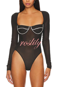 Happy Sexy Friday Mesh Diamante Long Sleeve Stretch Bodysuit