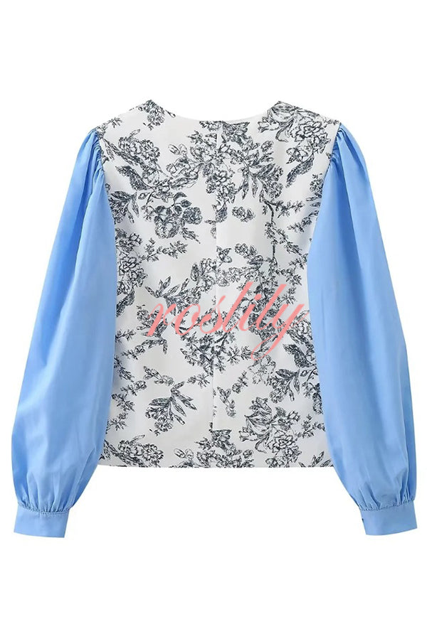 Botanical Print V-neck Patchwork Long-sleeved Top