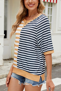 Striped Color Block Print Crew Neck Short Sleeve Loose Top