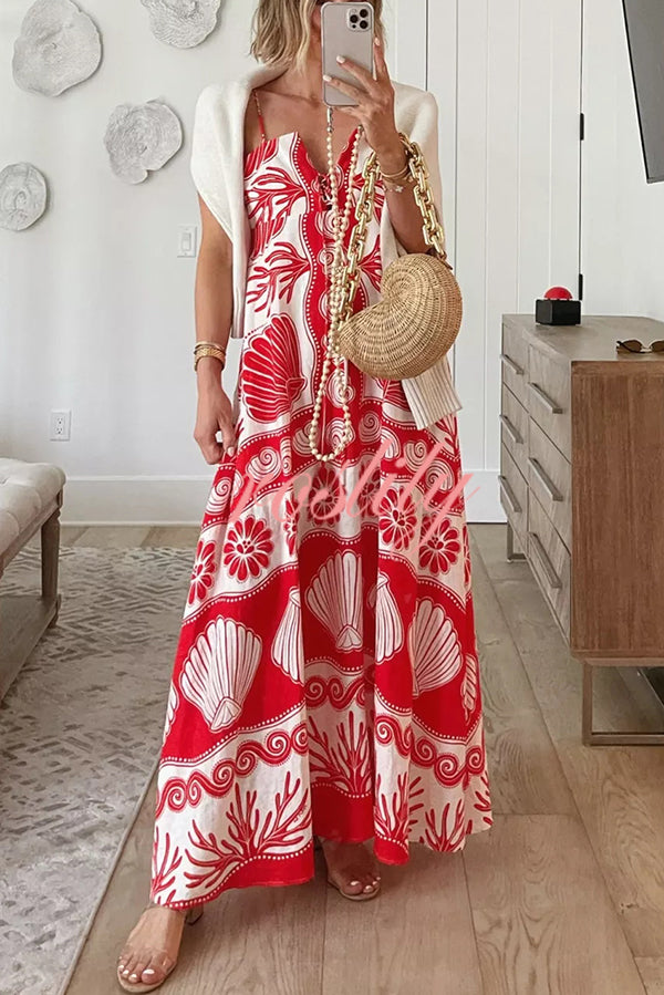 Beautiful Shell Unique Print Front Lace-up Loose  Maxi Dress