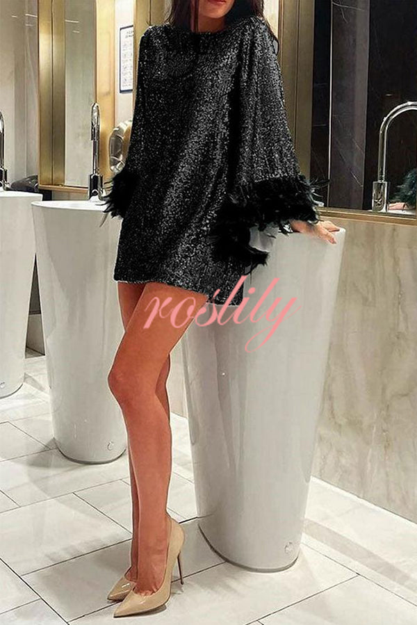 Solid Sequin Elegant Feather Long Sleeve Mini Dress