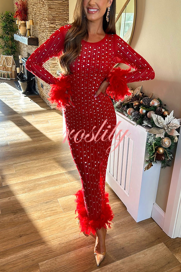 Sexy Long Sleeve Round Neck Feather Edge Rhinestone Decoration Slim Fit Maxi Dress