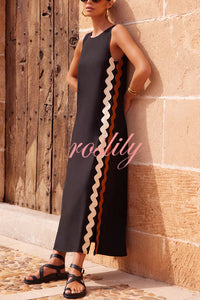 Vacation Villa Side Ric Rac Wave Trim Slit Loose Maxi Dress