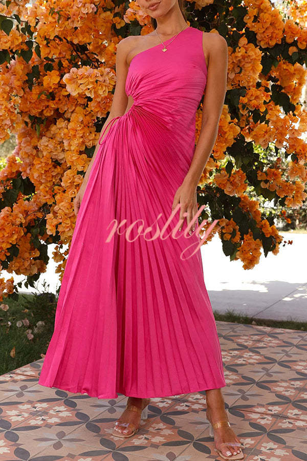 Charming One Shoulder Lace Up Cutout Pleated Maxi Dress