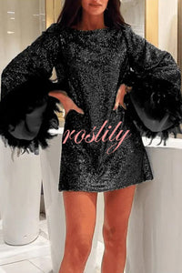 Solid Sequin Elegant Feather Long Sleeve Mini Dress