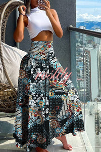 Unique Printed Pleated Elastic Waist Holiday Casual Maxi Skirt