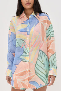 Bella Linen Blend Colorful Unique Print Long Sleeve Blouse and Elastic Waist Pocket Loose Shorts Set