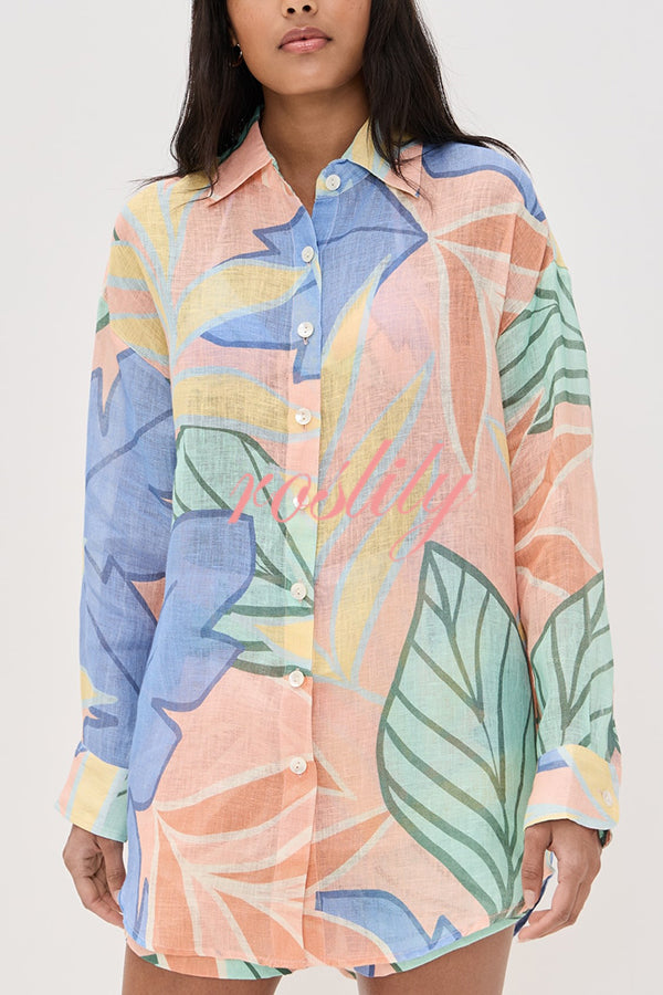 Bella Linen Blend Colorful Unique Print Long Sleeve Blouse and Elastic Waist Pocket Loose Shorts Set