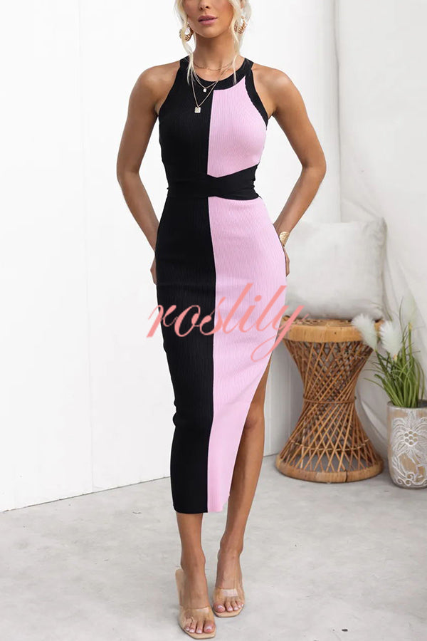 Serene Ribbed Knit Colorblock Back Tie-up Slit Stretch Midi Dress