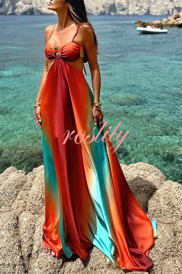 Neon Sunset Printed Metal Decoration Cutout Back Tie-up Vacation Maxi Dress