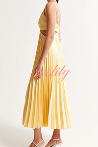 Summer Social Stain Pleated Cutout Waist Loose Midi Dress