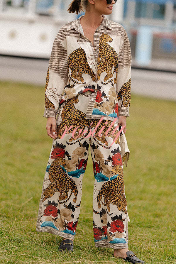 Exotic Leopard Flower Patchwork Print Elastic Waist Pocket Wide Leg Pants