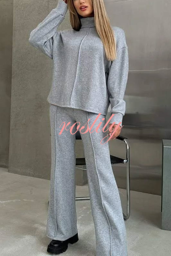 Solid Color Casual Knitted High Neck Long Sleeve Top and Elastic Waist Loose Pants Set