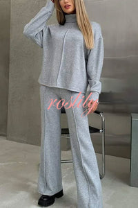 Solid Color Casual Knitted High Neck Long Sleeve Top and Elastic Waist Loose Pants Set