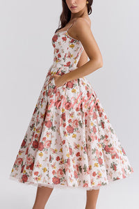 Fairy Tale Gorgeous Italian Rose Print Tulle Pocketed Slip Midi Dress