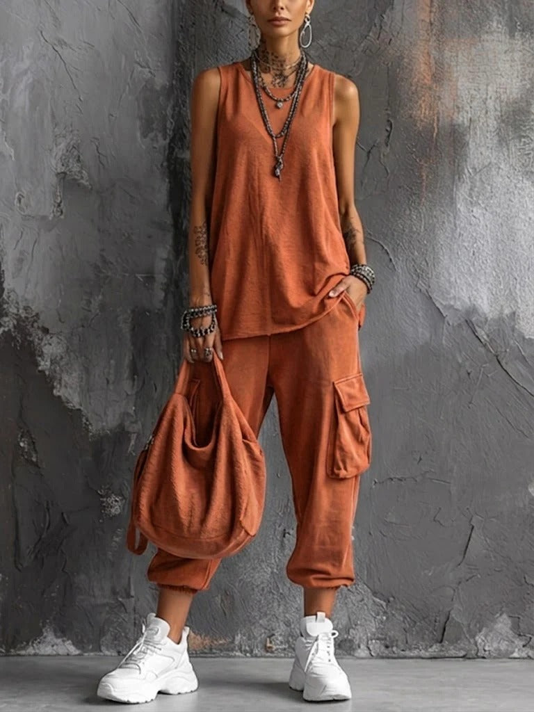 Street-style Loungewear Cargo Two-Piece Set