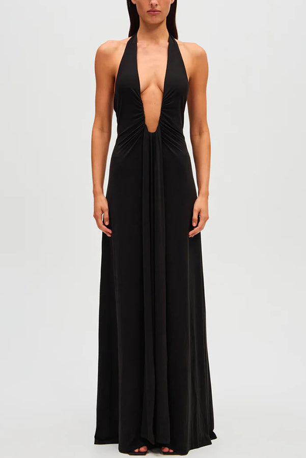 Sexy Silhouette Deep U-neck Halter Waterfall Sash Drape Maxi Dress