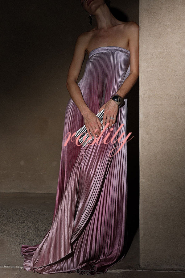 Gorgeous Styling Satin Pleated Elastic Bust Strapless A-line Gown Maxi Dress