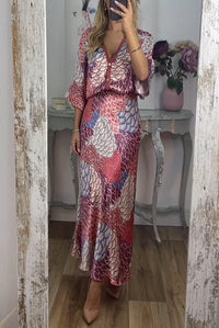 Satin Floral Print V-neck Half-sleeve Loose Top and Elegant Maxi Skirt Set