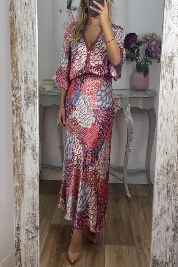 Satin Floral Print V-neck Half-sleeve Loose Top and Elegant Maxi Skirt Set