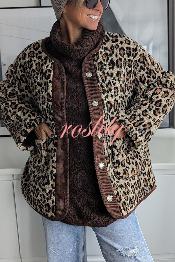 Warm Feel Colorblock Leopard Print Plush Button Up Pocketed Teddy Jacket