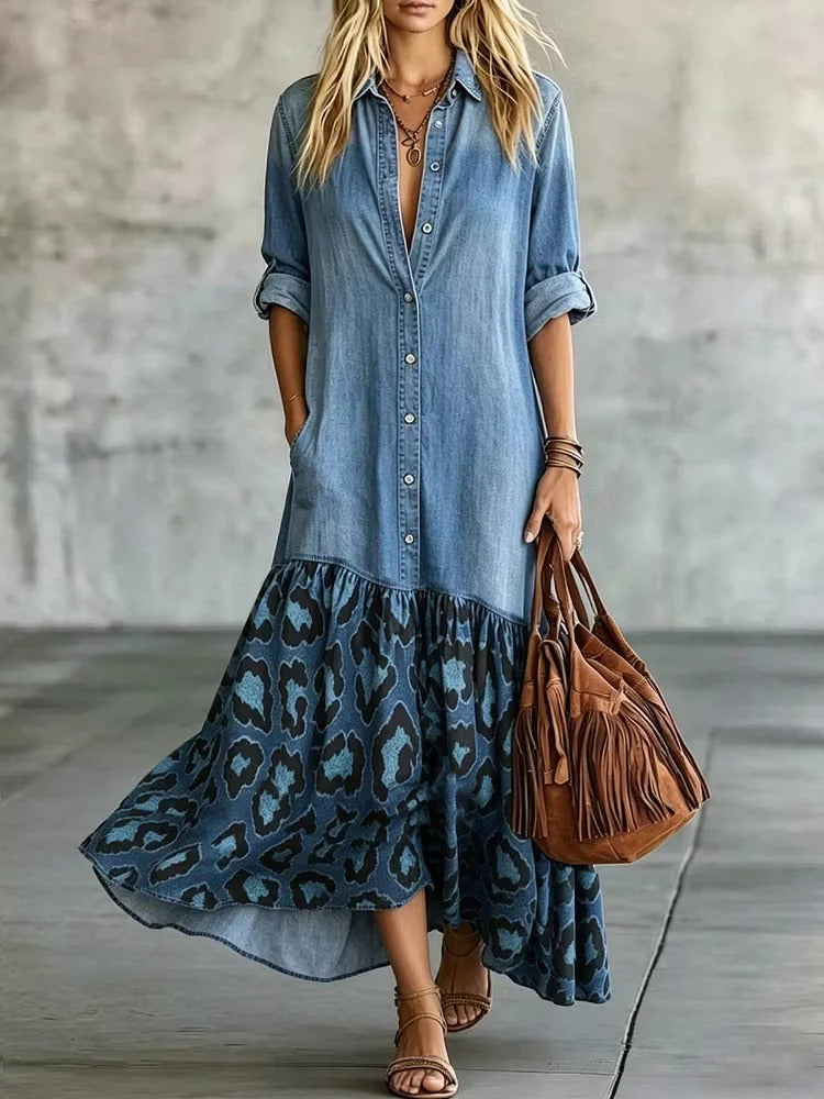 Vintage Leopard Patchwork Denim Shirt Dress