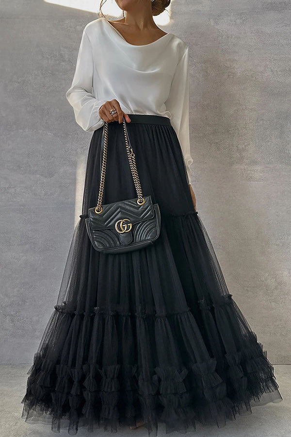 Surprising Tulle Paneled Stretch Waist Maxi Skirt