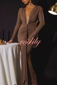 Solid Color Shiny Sexy V-neck Long Sleeve Ribbon Slit Slim Fit Maxi Dress