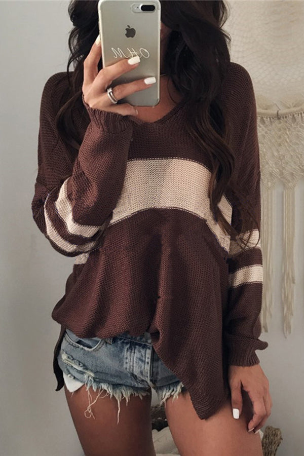 Fashionable Patchwork V-neck Long-sleeved Knitted Sweater