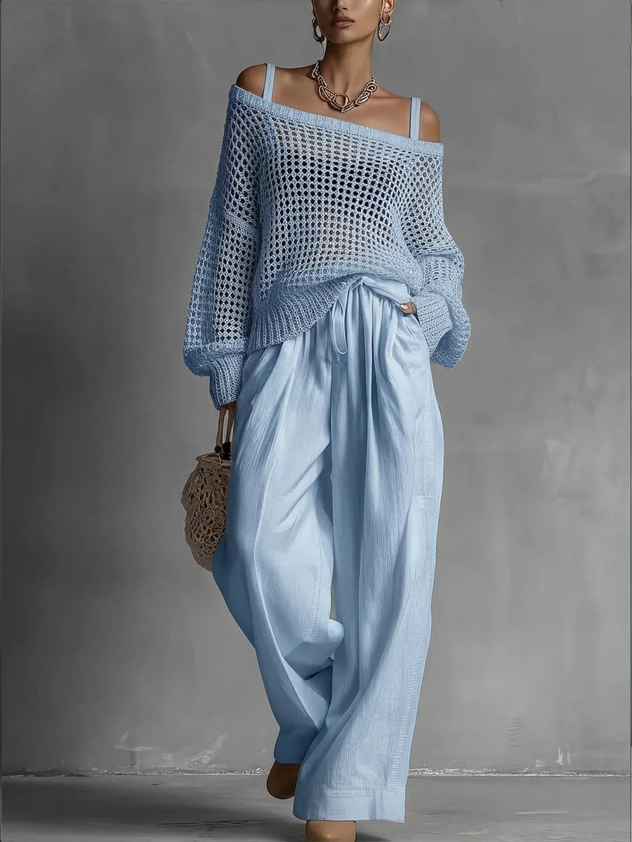 Luxe Open-Knit Top & Wide-Leg Pants Set