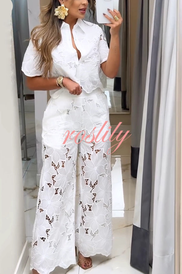 Solid Color Hollow Lace Lapel Short-sleeved Top and Elastic Waist Loose Pocket Pants Set
