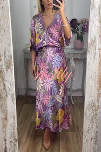 Satin Floral Print V-neck Half-sleeve Loose Top and Elegant Maxi Skirt Set