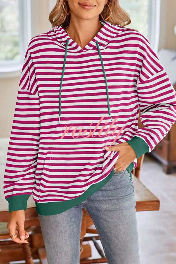 Striped Print Long Sleeve Pocket Loose Hoodie