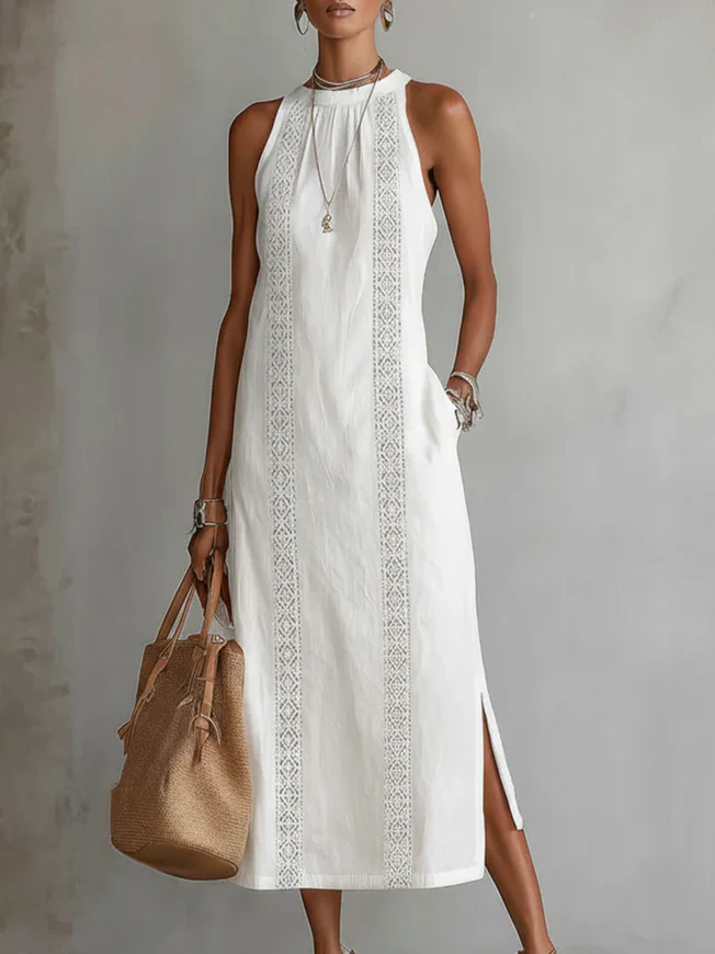Elegant Lace Panel Sleeveless Midi Dress