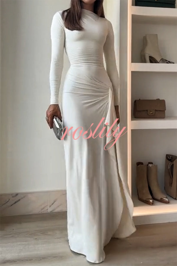 Venus Long Sleeve Ruched Side Slit Drape Ruffles Back Lace-up Stretch Maxi Dress