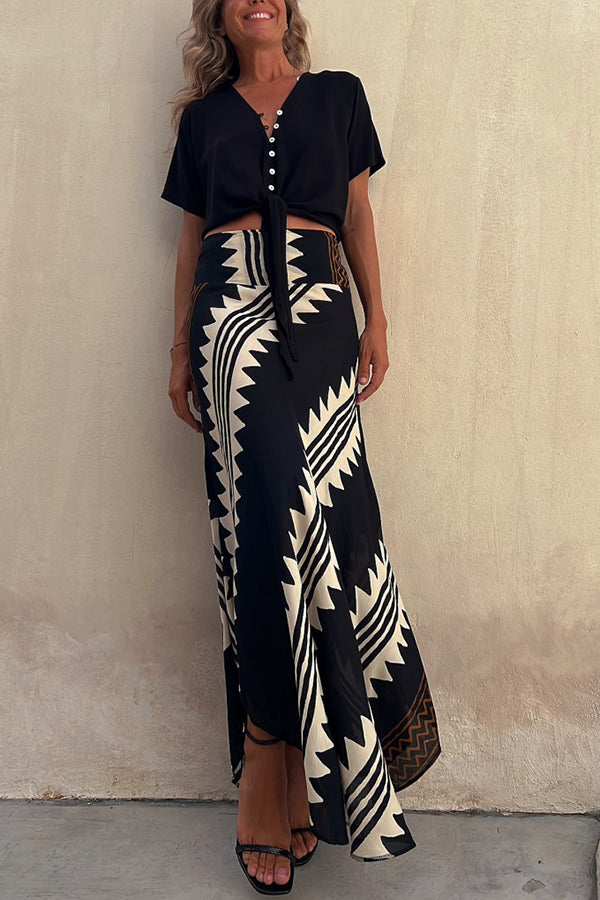 Eva Satin Geometric Print Elastic Waist Maxi Skirt