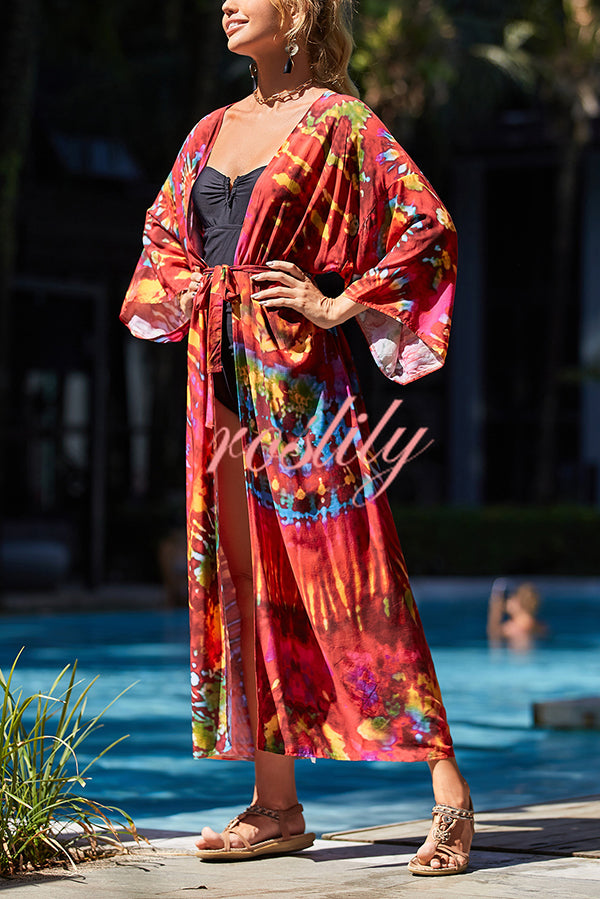 Unique Print Loose Lace Up Holiday Maxi Cover Up