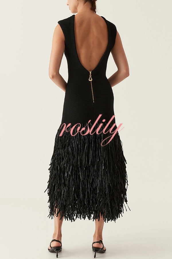 Christie Ribbed Patchwork Tiered Fringed Hem Zipper Backless Maxi Dress