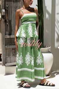 Unique Ethnic Print Suspender Pleated Top and Elastic Waist Loose Wide-leg Pants Set