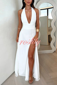 Sexy V-neck Backless Waist Tie High Slit Maxi Dress