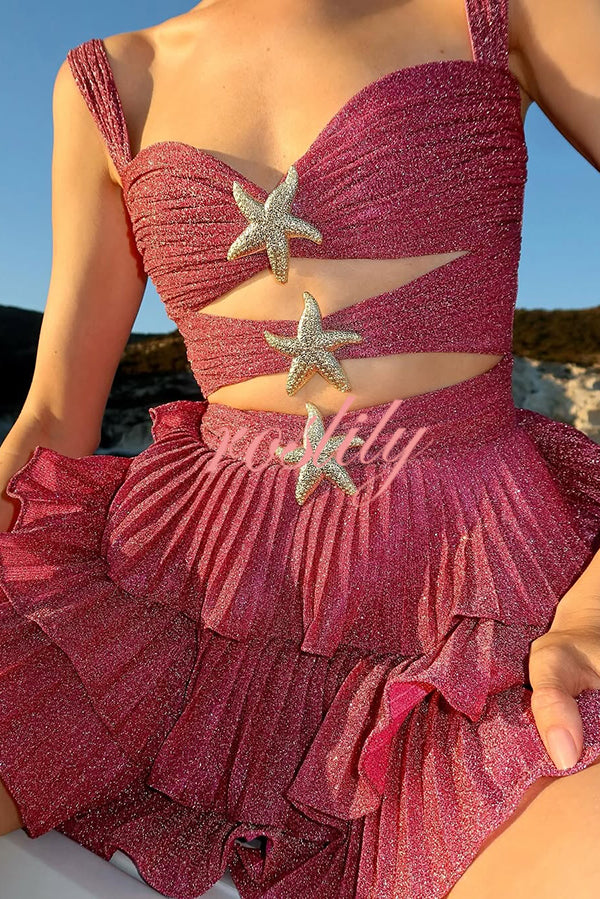 Little Mermaid Glitter Fabric Metal Starfish Hollow Layered Stretch One-piece Swimsuit