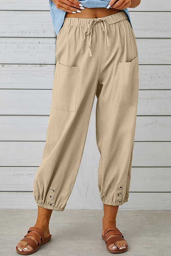 Tatum Linen Blend Elastic Waist Pocketed Button Hem Pants