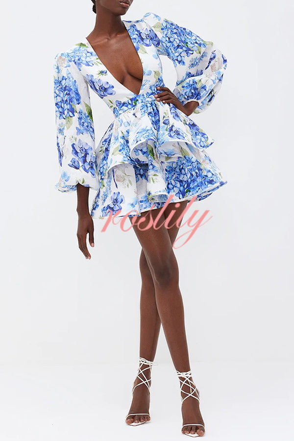 Feminine and Sexy Floral Print Deep V-neck Balloon Sleeve Tiered Mini Dress